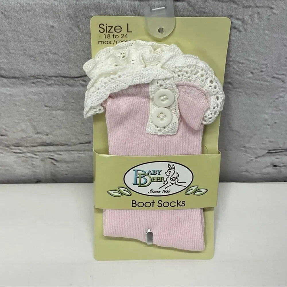 Baby Deer Boot Socks Girl's L (18-24mo) Ivory Pink Black Lace/Button Trim 3 Pair